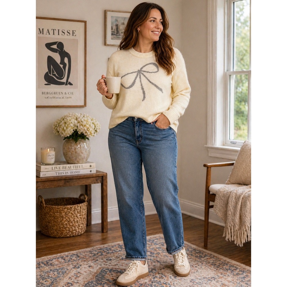 Abercrombie & Fitch Women Cream Bow Graphic Crewneck Sweater Large NWT 150-488